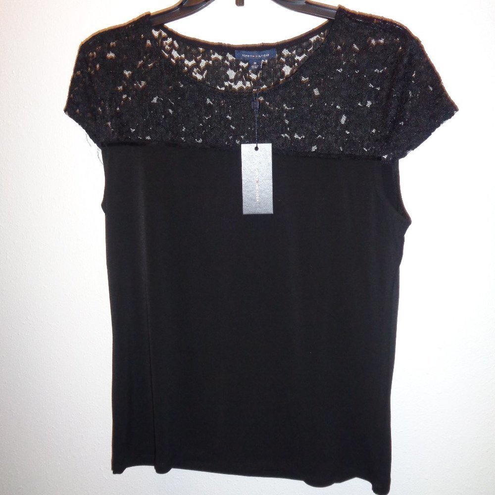 TOMMY Hilfiger Encore Black Lace Top t71h1473 Size Medium NWT - Picture 1 of 11